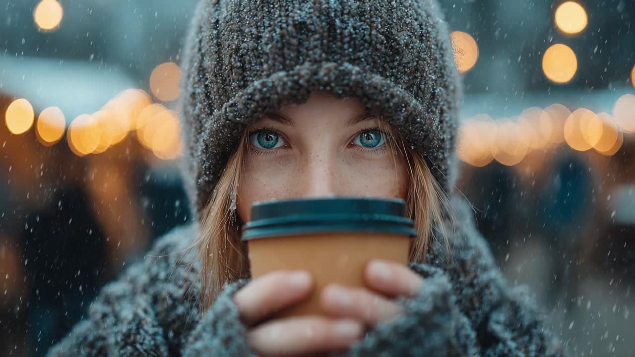 Un’accogliente scena invernale: giovane donna che tiene in mano una tazza di caffè caldo in un ambiente innevato con luci brillanti sullo sfondo, che evoca comfort e allegria