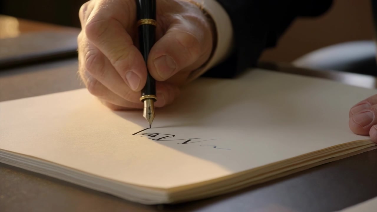 Mano che tocca la carta con una penna dal pennino d'oro, apponendo la firma su un blocco color crema alla scrivania, con il polsino dell'abito.