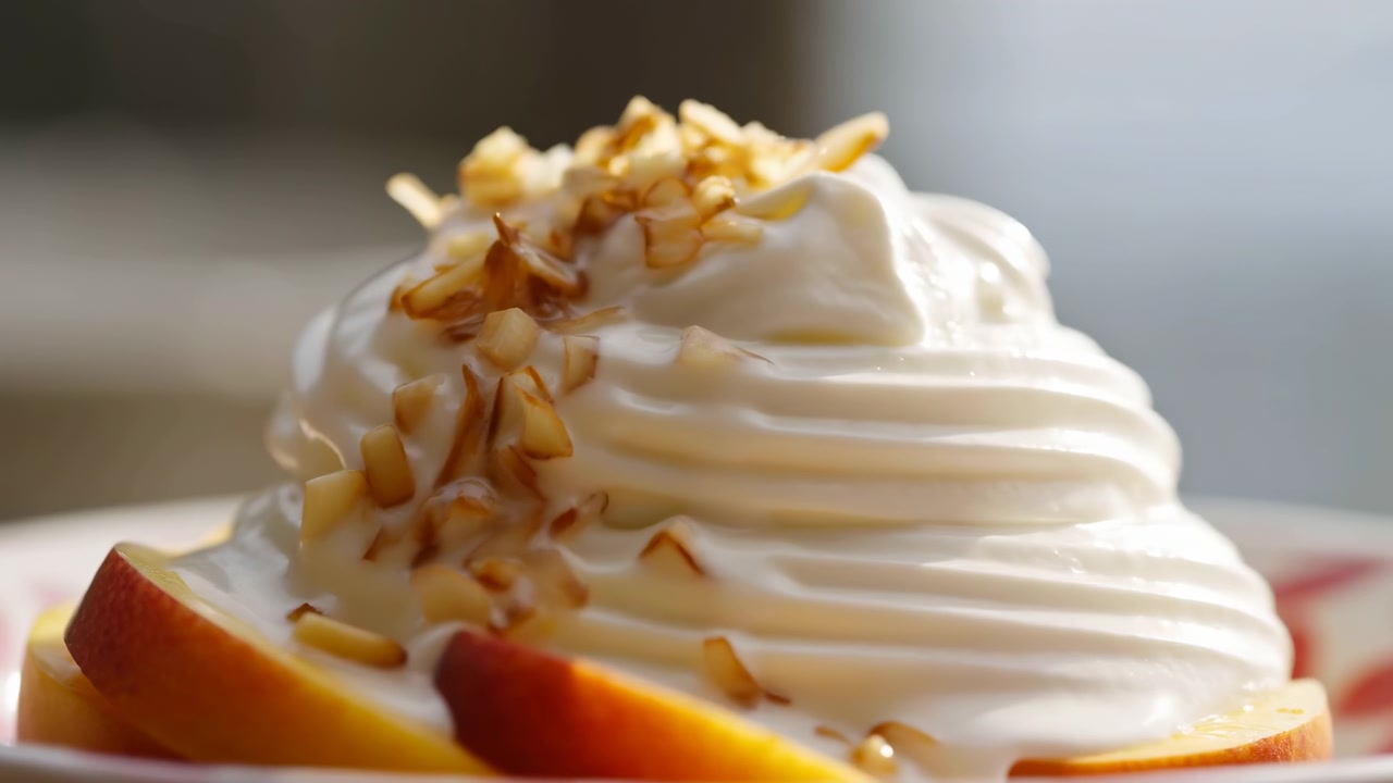 Vista aproximada detalhada de chantilly confeitado em sulcos espirais diagonais, coberto com lascas de amêndoa torradas e fatias de pêssego, com realces suaves, textura cremosa e movimento delicado da cobertura