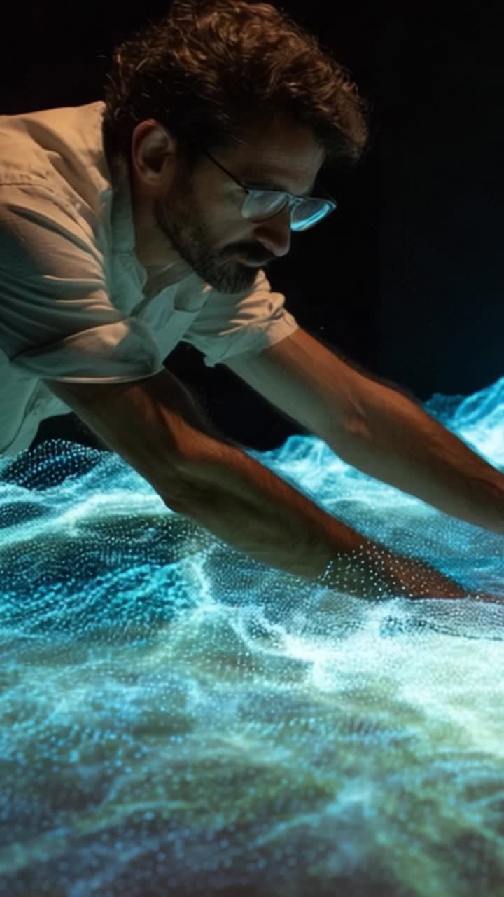 A Captivating Interaction with Digital Waves: Exploring the Visual Dynamics of Light and Motion Through Engaging Human Expression and Advanced Technology