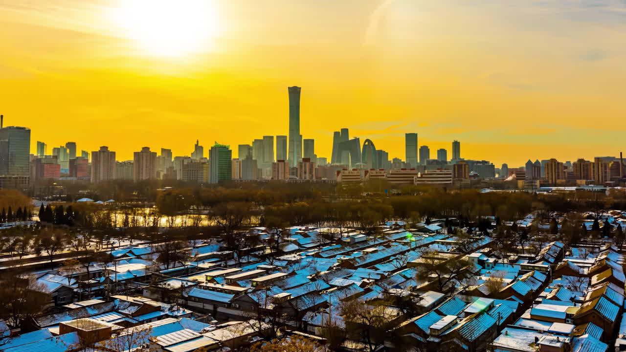 Time-lapse city skyline at sunrise, Landmark high buildings skyscrapers the Central Business District in Beijing and urban villages