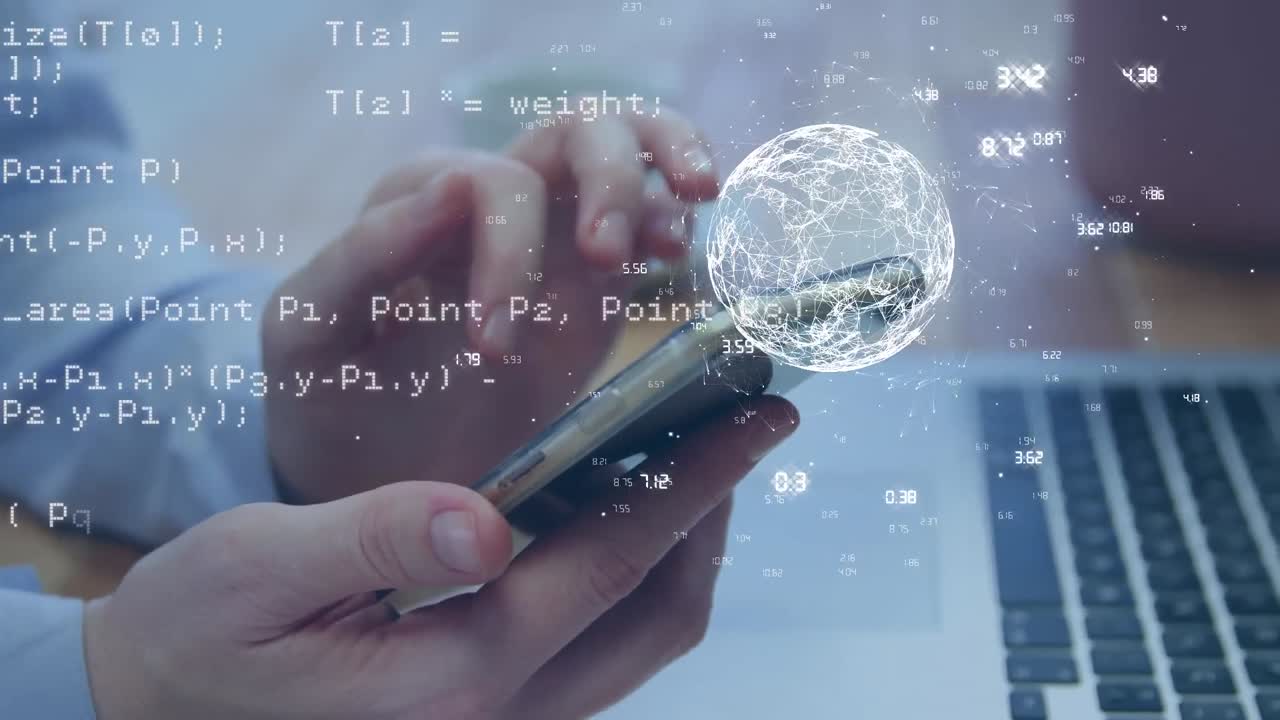 animación del globo de la red de conexiones sobre un empresario caucásico que usa un teléfono inteligente