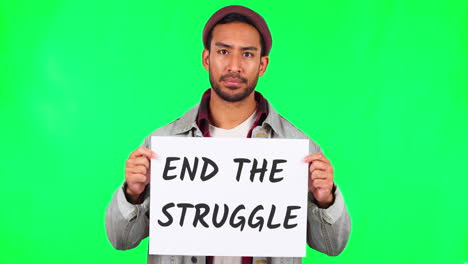 Young-man,-protest-poster-and-green-screen-to-end