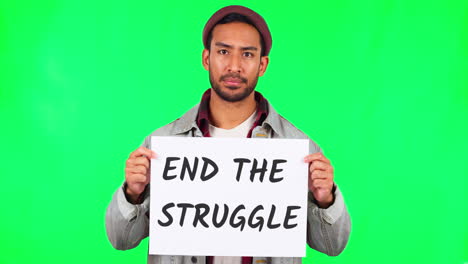 young man, protest poster and green screen to end