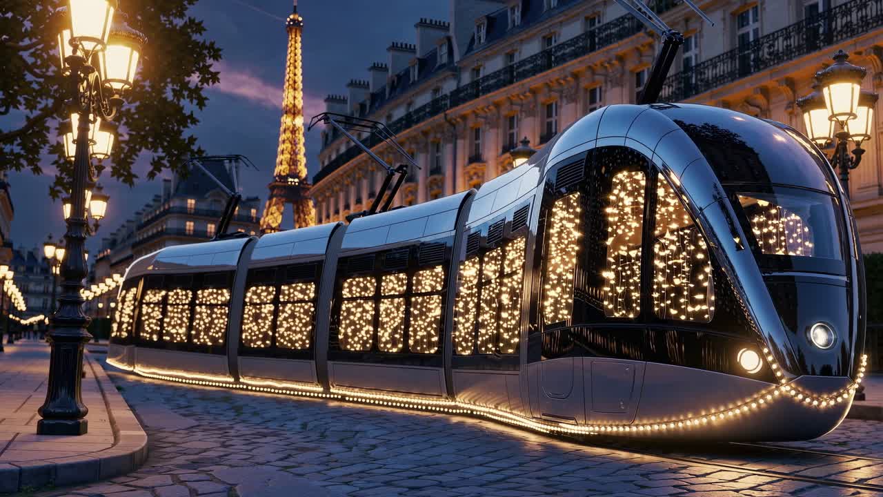 el tranvía festivo se desliza por la calle parisina durante el anochecer, adornado con luces navideñas parpadeantes, irradiando calor navideño contra el telón de fondo invernal urbano.