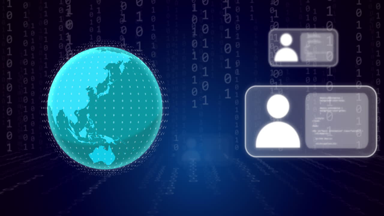 animación de iconos, globo y procesamiento de datos sobre fondo azul.