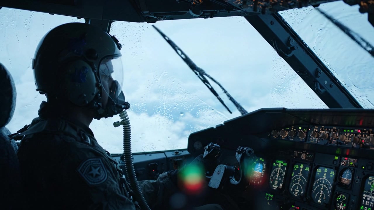 Pilota che naviga un aereo attraverso il maltempo con il pannello di controllo in vista, dimostrando abilità e precisione in condizioni di volo impegnative.