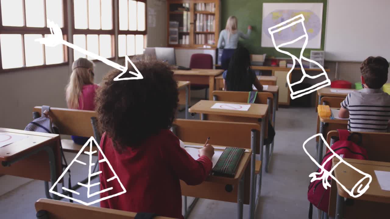 animação de ícones de itens escolares movendo-se sobre os alunos