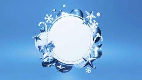 Animation-of-round-frame-with-blue-christmas-decoration-and-copy-space-on-blue-background