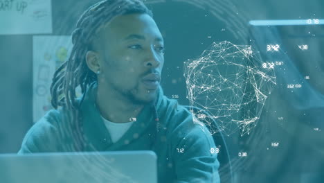 animación de la red de conexiones sobre el hombre de negocios en el escritorio utilizando la computadora