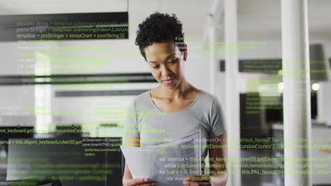 animation of computer language over biracial woman standing and analyzing reports in office