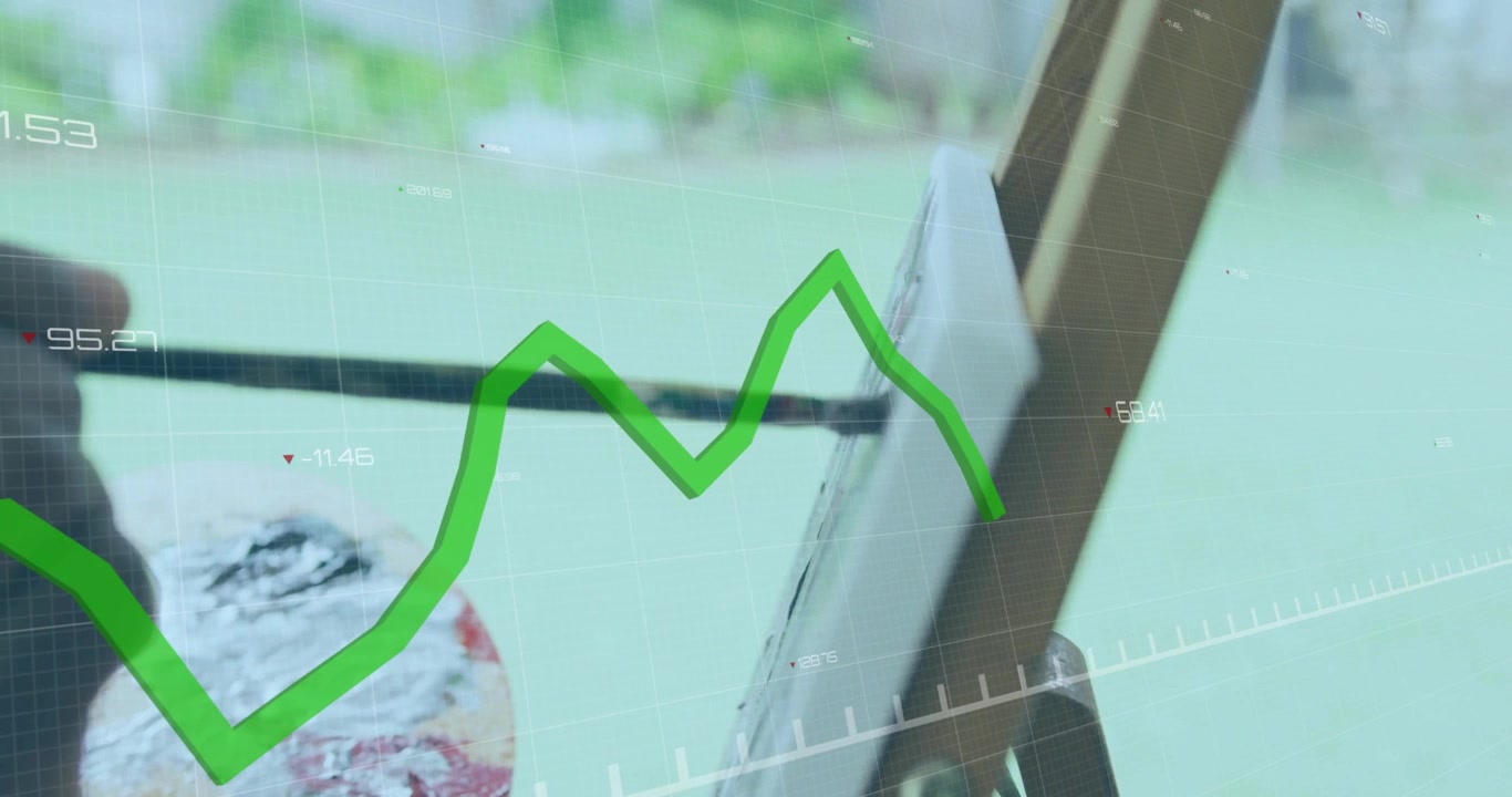 Artist Painting on Canvas with Digital Financial Data Overlay