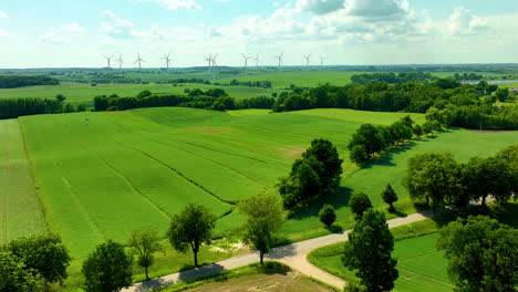 Ausgedehnte-Grüne-Felder-Mit-Windrädern-Und-Einer-Von-Bäumen-Gesäumten-Straße-Unter-Einem-Blauen-Himmel-Mit-Wolken