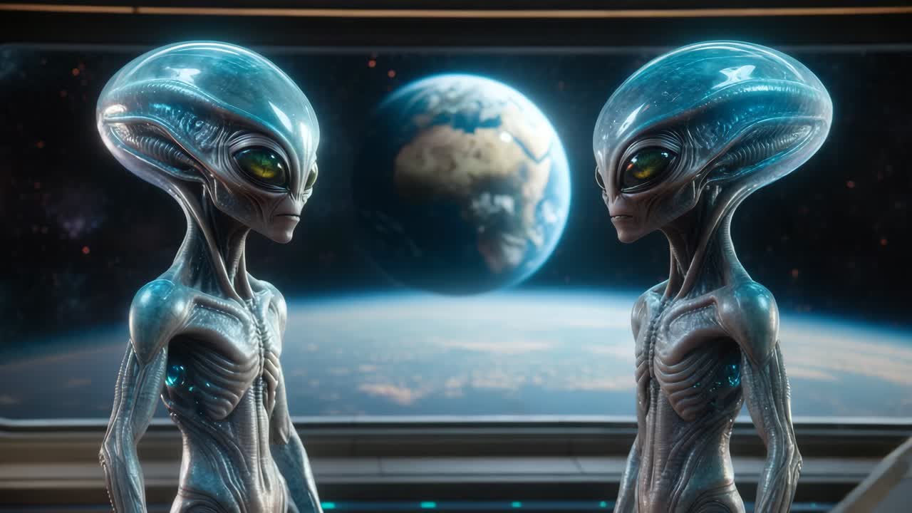 Two Grey Aliens Facing Earth