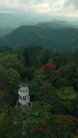mountain view with tower and forest
