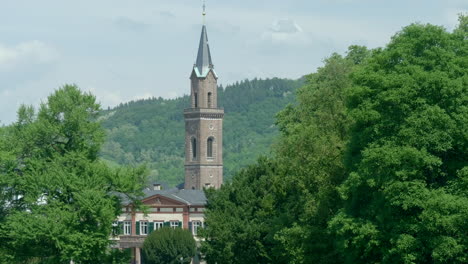 church of saint lawrence tower in weinheim seen from city park