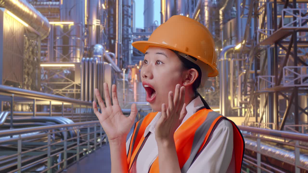 Close Up Side View Of Asian Female Engineer With Safety Helmet Smiling And Saying Wow While Standing At A Vast Oil Refinery