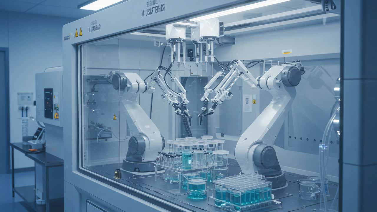 Automated Laboratory Robotics: Advanced Robotic Arms Synchronizing in Precision Handling of Samples Within a High-Tech Lab Environment