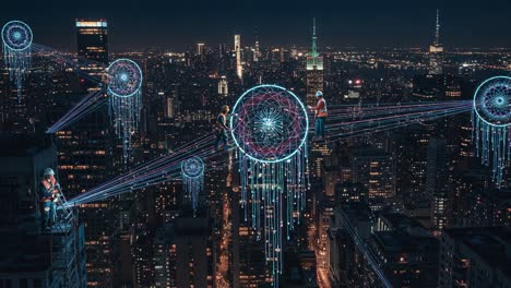 a futuristic urban scene featuring technicians building connected digital structures above a vibrant city skyline, illuminated by neon lights and advanced technology