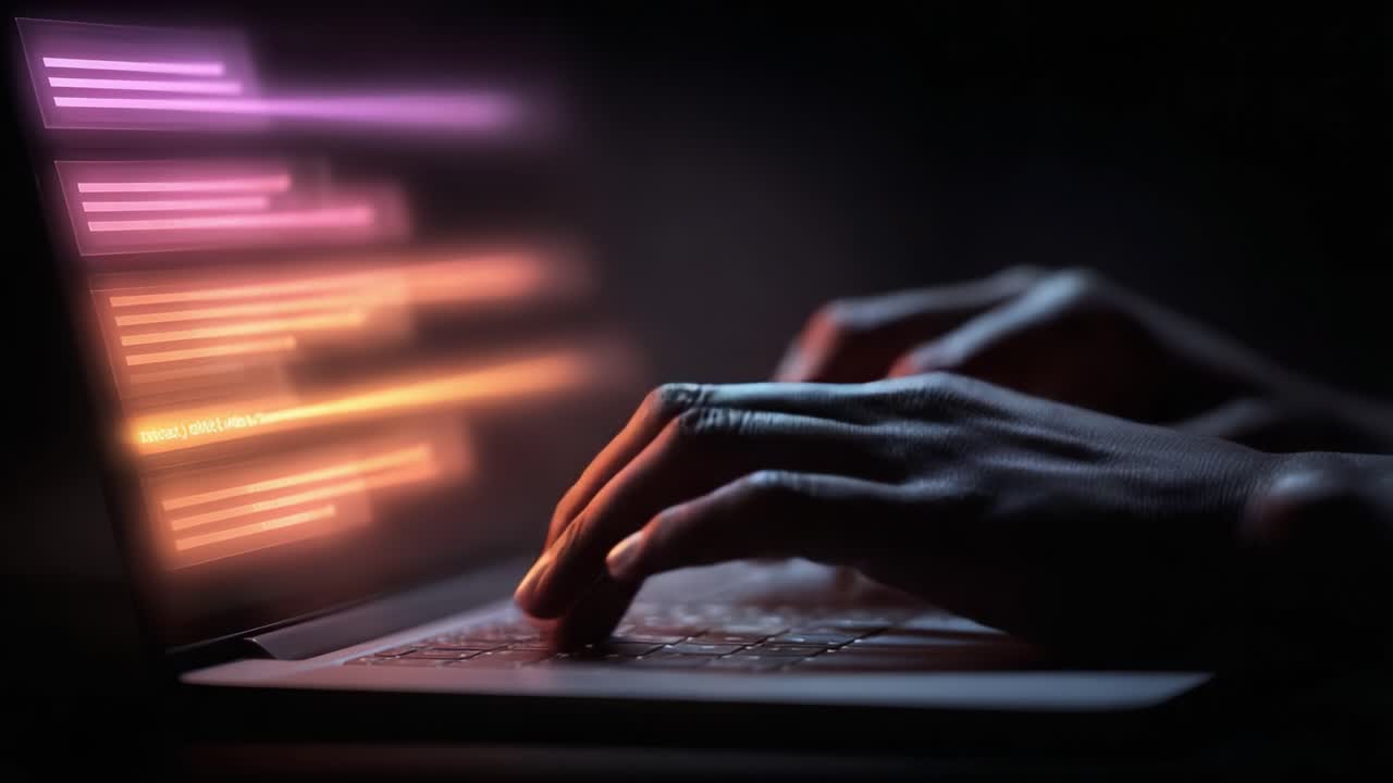 A Focused Approach to Programming: An Intense Moment Captured as Hands Dance over the Keyboard, Revealing Lines of Code Illuminated in a Dark Environment