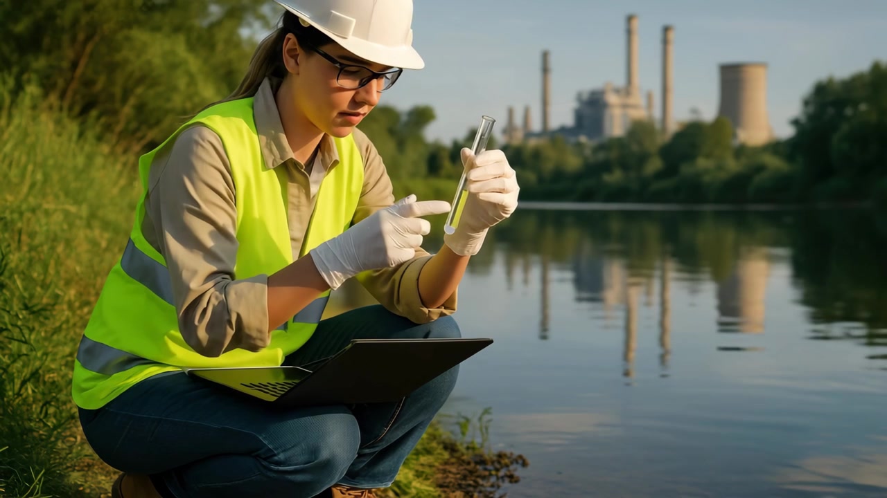 Científico ambiental analizando la calidad del agua cerca de una planta industrial