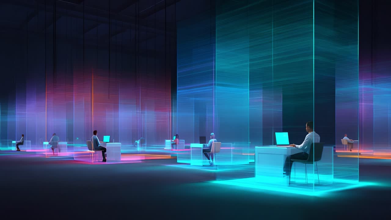 Dynamic Workspace Visualization: A Modern Office Environment with Professionals Engaged in Digital Tasks Amidst Vibrant Neon Structures and Futuristic Aesthetic