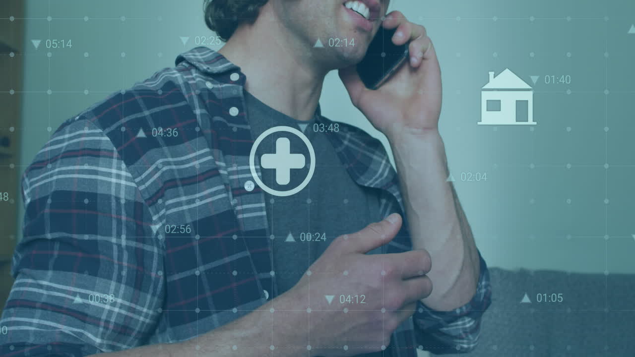 animación de números cambiantes e íconos múltiples sobre un hombre caucásico hablando en su teléfono inteligente