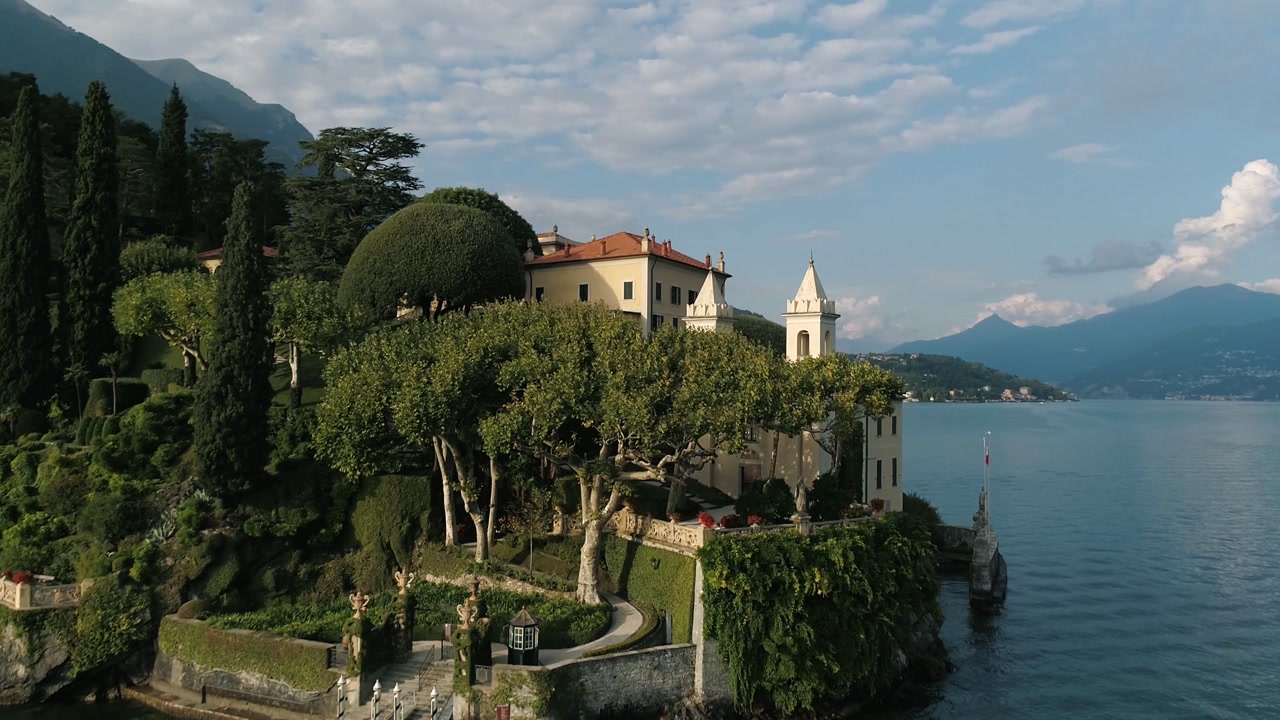 Villa del Balbianello Lake Como on the Lavedo peninsula Tremezzina Italy aerial drone