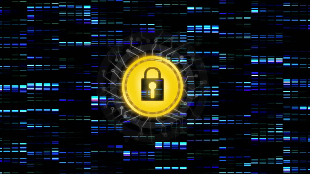 animación de la red de conexiones con candado de seguridad en línea sobre fondo oscuro