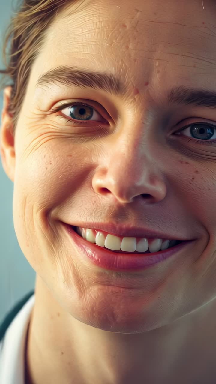 Vídeo vertical: mulher sorrindo e mantendo o contato visual em close-up, usando camisa escura com gola branca