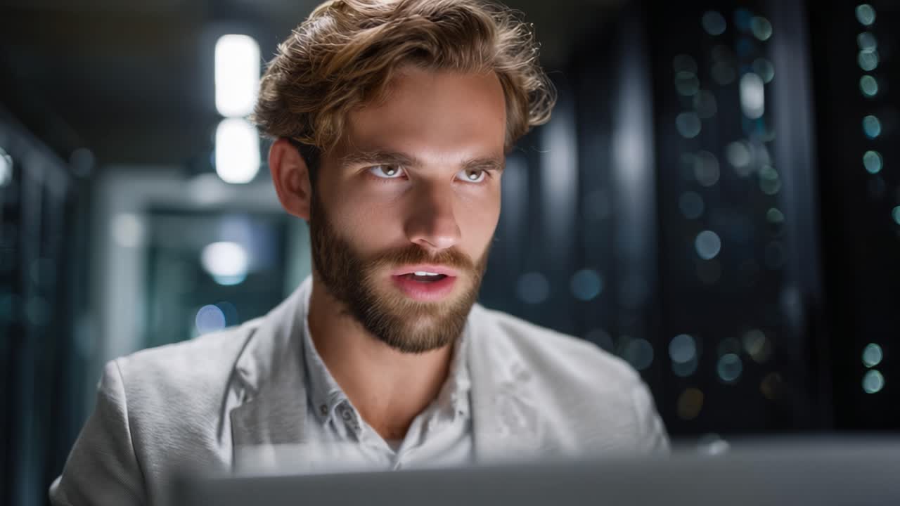 Focused young man working intently on a laptop in a dimly lit modern space, highlighting concentration and determination in a tech-driven environment