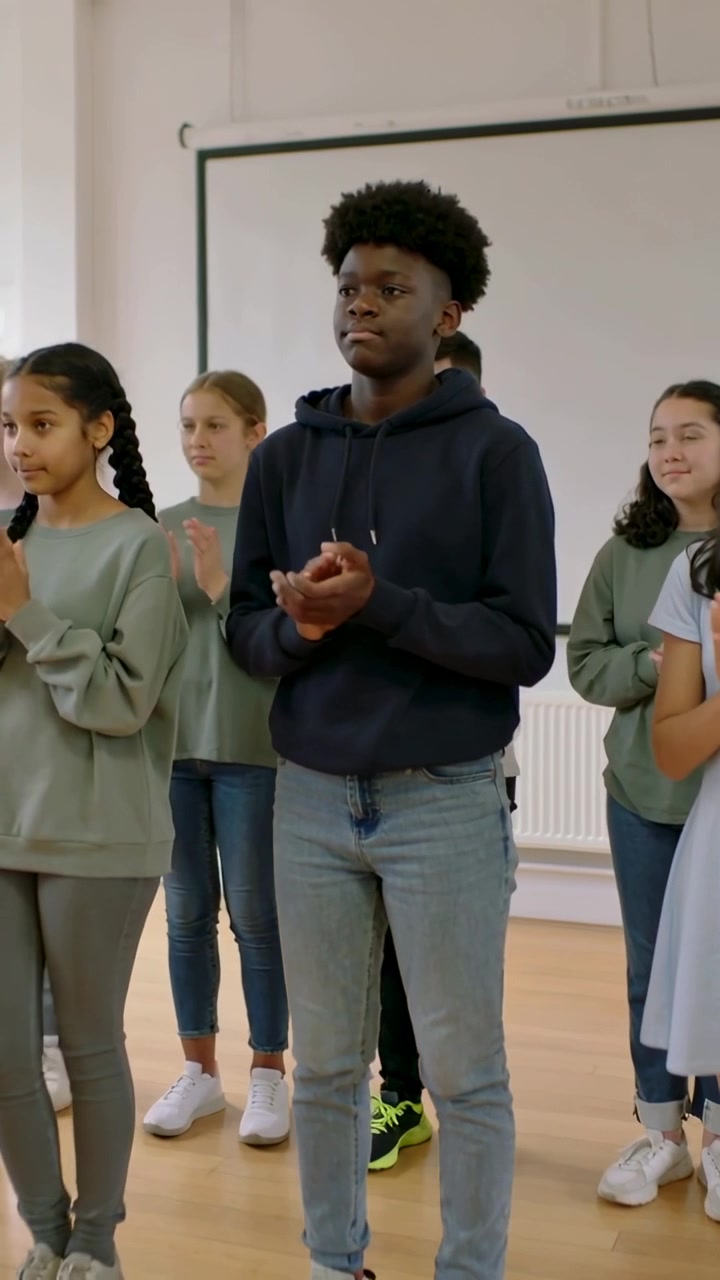 Vertical video: Clapping centered teen wearing navy hoodie, jeans, heeding cue at school whiteboard
