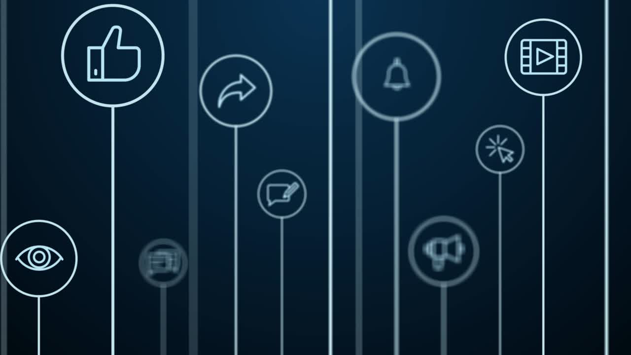 4K Abstract animation. Social media network background. Moving pass through lines, circles and icons.