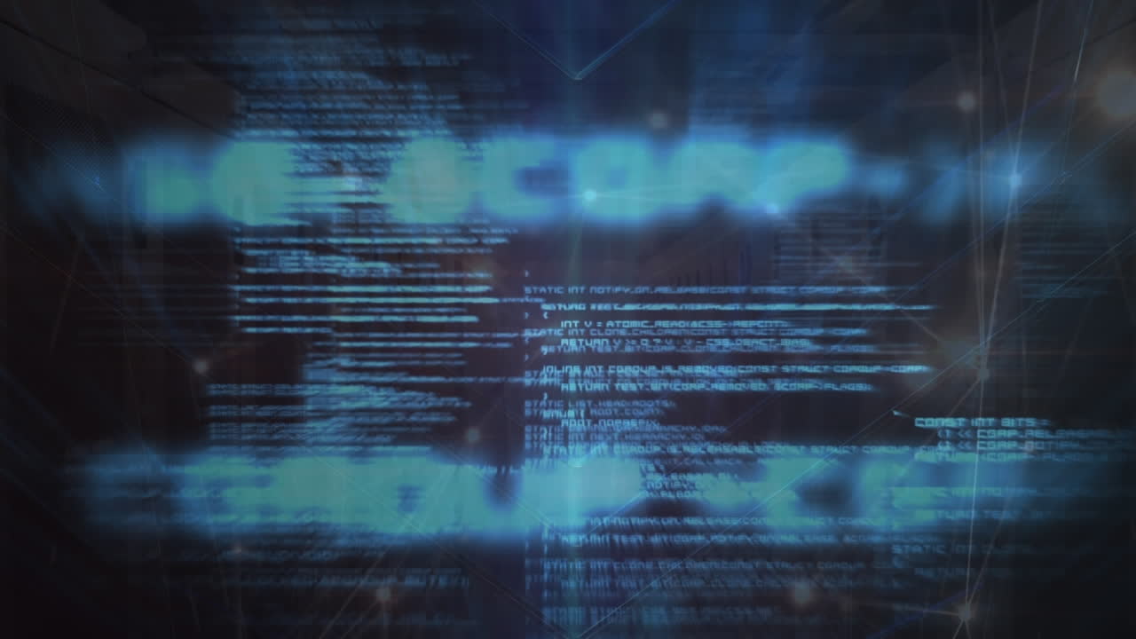 Animation of looping computer language over connected dots against black background