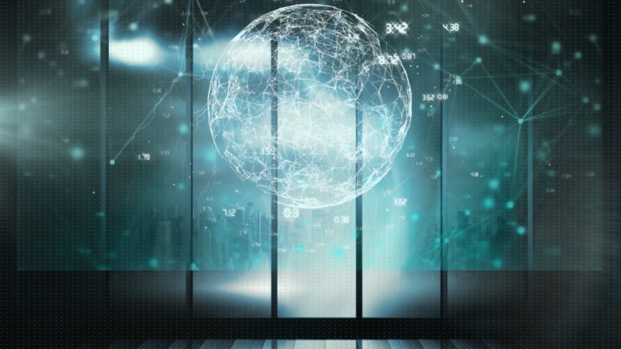 Animation of data processing over cityscape