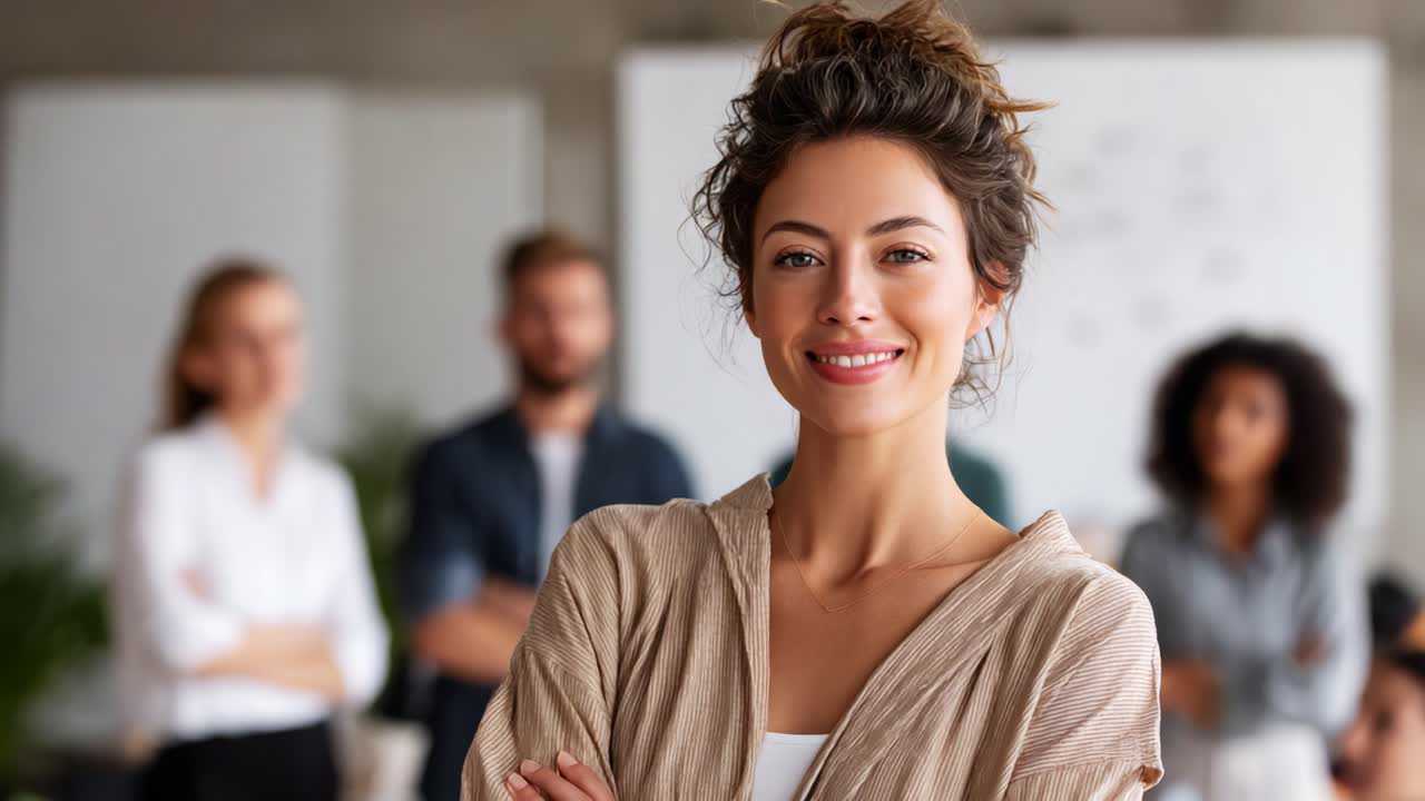 Donna sorridente, sicura di sé e coinvolgente, in un moderno ufficio circondata dai colleghi, che rappresenta il lavoro di team e il networking professionale
