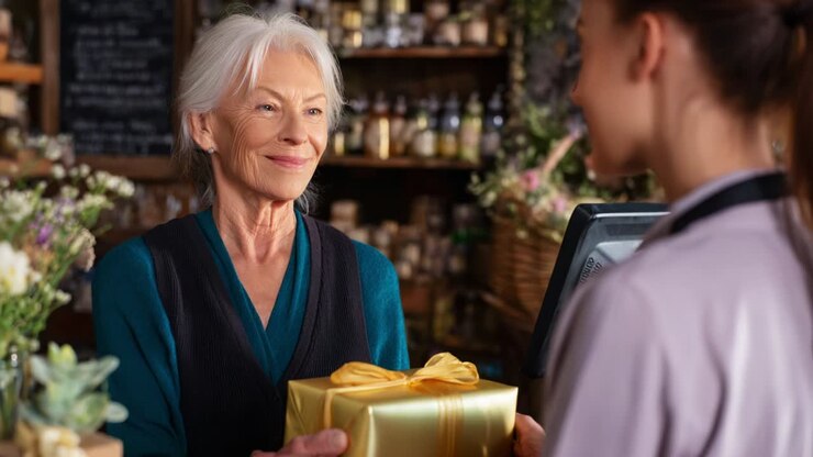 A Heartwarming Interaction in a Cozy Shop: An Elderly Woman Receiving a Thoughtful Gift in a Warm Atmosphere Full of Nature's Beauty and Friendly Smiles, Capturing Moments of Kindness and Joy in Everyday Life