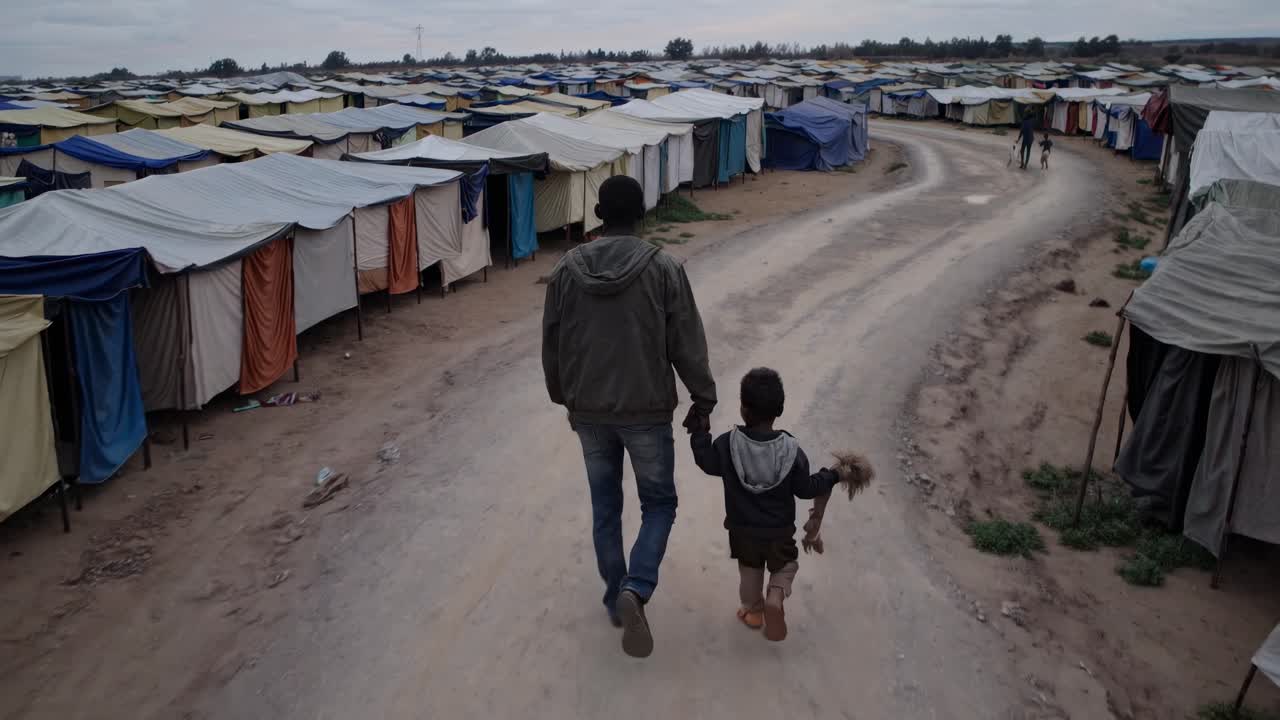A man and child walk hand in hand on a dirt path through a refugee camp with rows of tents