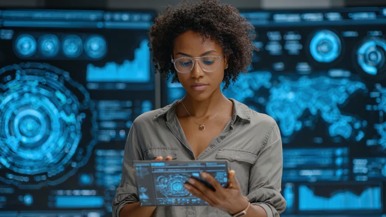 A focused individual analyzes complex data on a sleek tablet, surrounded by vibrant digital displays showcasing intricate graphics and crucial information