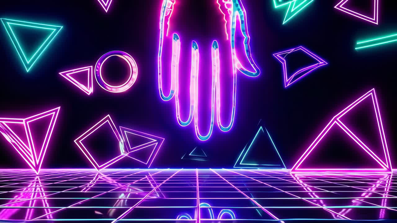 Arte Synthwave Neon Retrò con mano luminosa e forme geometriche