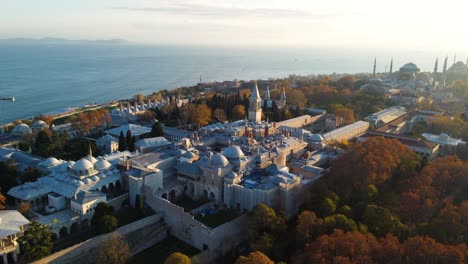 aerial view of topkapi palace and historical peninsula in istanbul. 4k footage in turkey