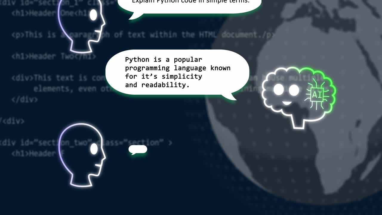 анимация текста и икон, глобуса и обработки данных на темном фоне