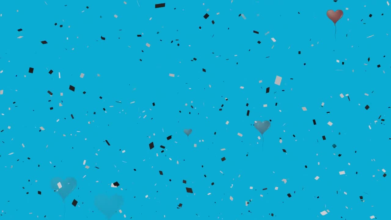 콘페티가 떨어지고 여러 개의 심장 모양의 풍선이 파란색 배경에 떨어집니다.
