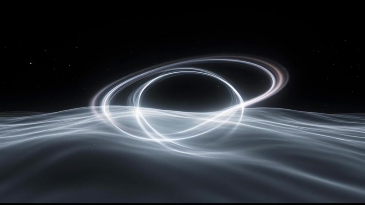 Abstract Glowing Light Rings Rotating Over Dark Wavy Surface