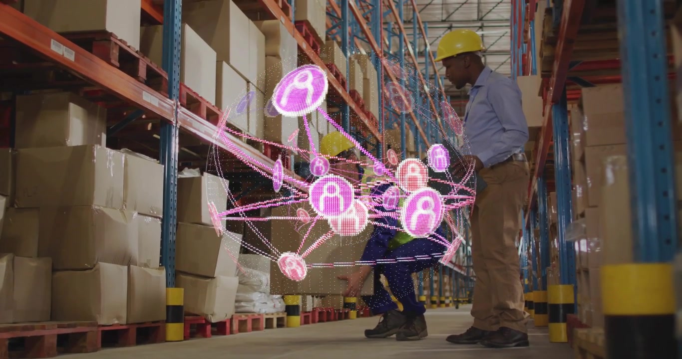 Warehouse worker inspecting box manager tapping tablet monitoring pink network emerging stabilizing
