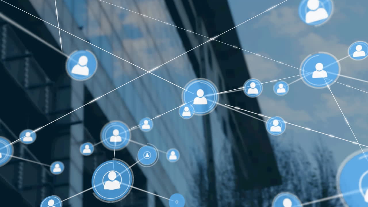 Animation of network of connections with icons over modern office building