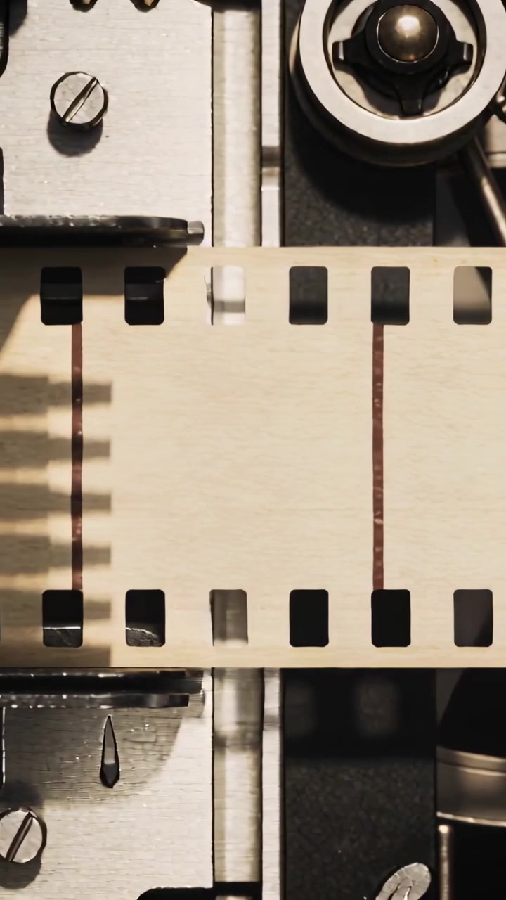 Vidéo verticale : Bande de film qui avance dans un projecteur, les ergots s'engageant et s'enroulant sur la bobine.