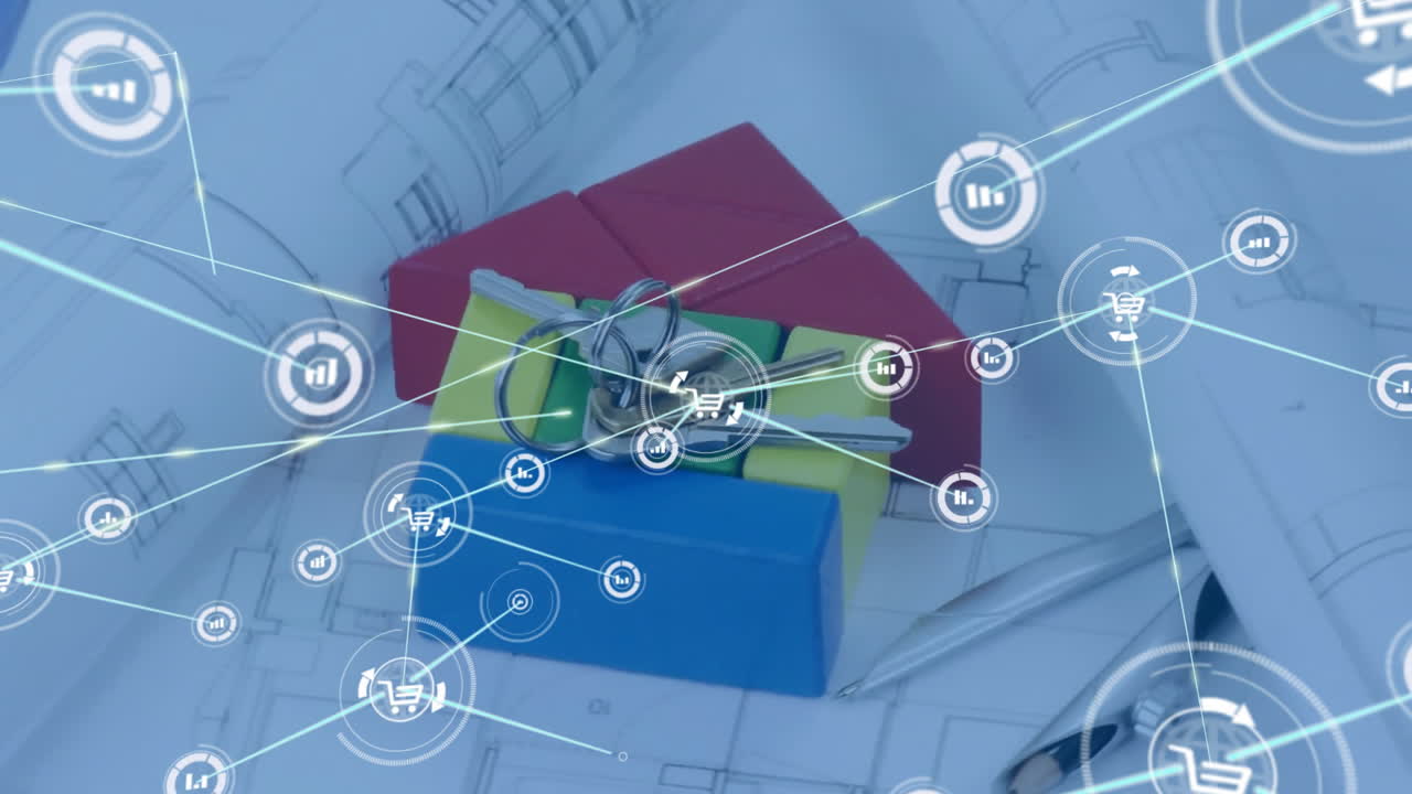 animación de la red de conexiones y llaves, casa sobre dibujos de arquitecto