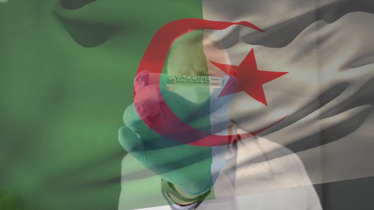 얼굴 마스크를 쓰고 백신을 들고 있는 의사가 알제리 국기를 흔들고 있는 애니메이션