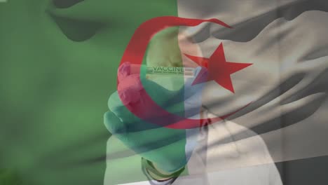 animation of flag of algeria waving over doctor wearing face mask and holding vaccine